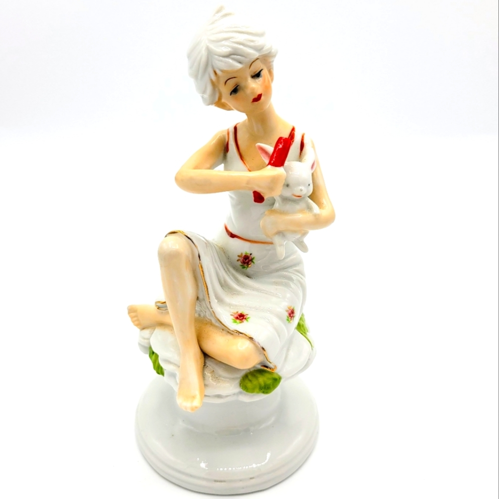 Girl With Rabbitt Porcelain 7" Figurine Vintage